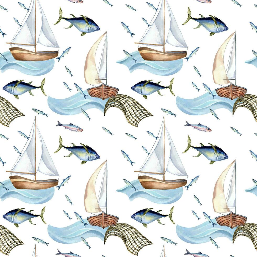 senza soluzione di continuità modello di mare pesce e vela barca acquerello illustrazione isolato su bianca. pesca barca, mare onda e tonno, mano disegnato. design elemento per tessile, confezione, avvolgere, sfondo, mercato vettore