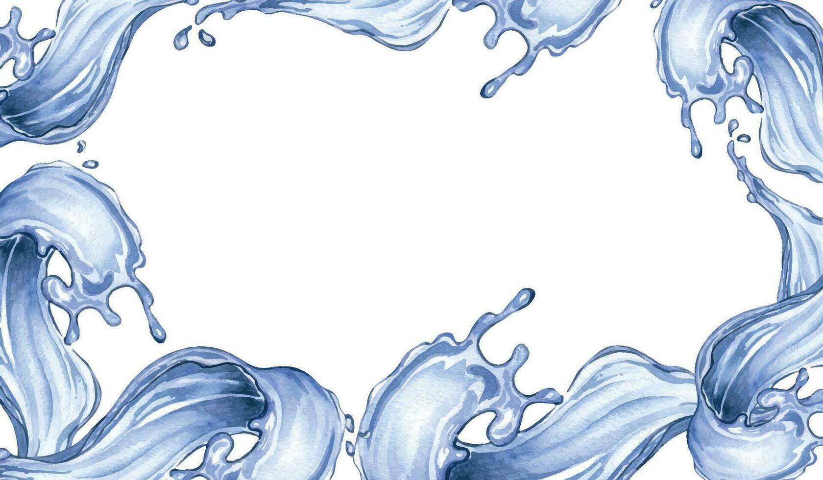 tavola di acqua onde trasparente con gocce acquerello illustrazione isolato su bianca. telaio di blu oceano onde spirale, spruzzi acqua movimento con spray mano disegnato. elemento per design vettore