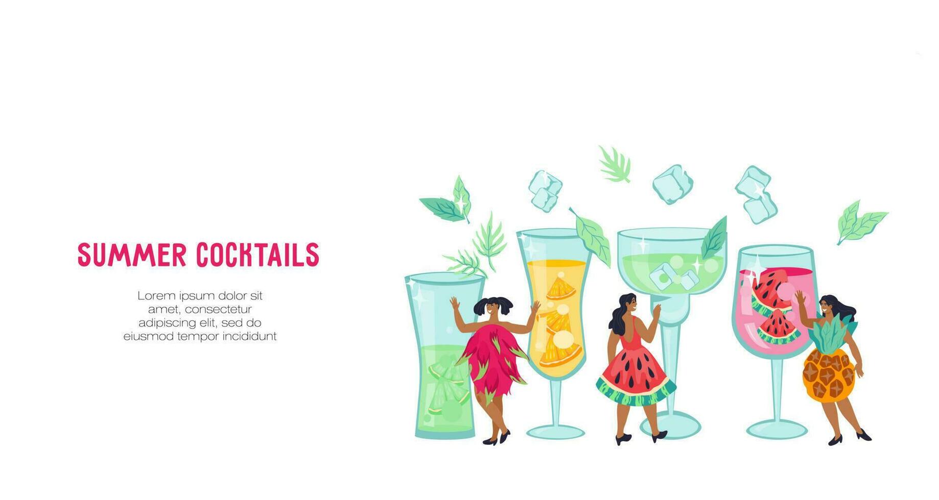 donne nel creativo vestiti tra bicchieri con frutta estate cocktail. cocktail sbarra, spiaggia festa e estate rinfrescante bevande fabbricazione sito web modello piatto vettore illustrazione.