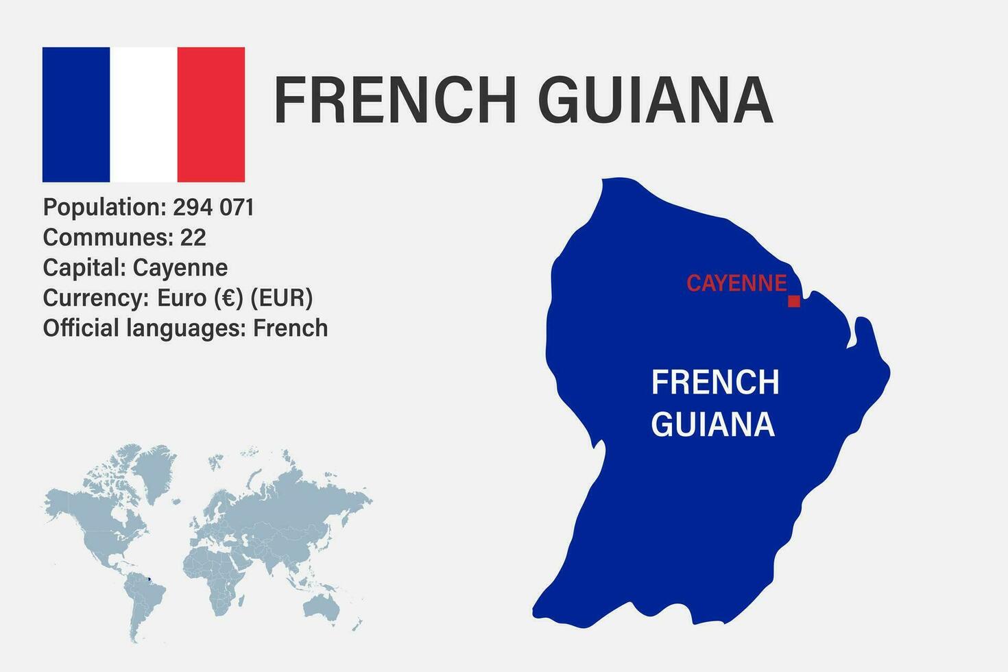 mappa della guiana francese altamente dettagliata con bandiera, capitale e piccola mappa del mondo vettore