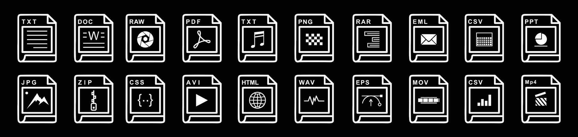 grande collezione di vettore icone, file estensioni diverso icone impostato - un' impostato di computer File e Software icone azione vettore per design su nero sfondo