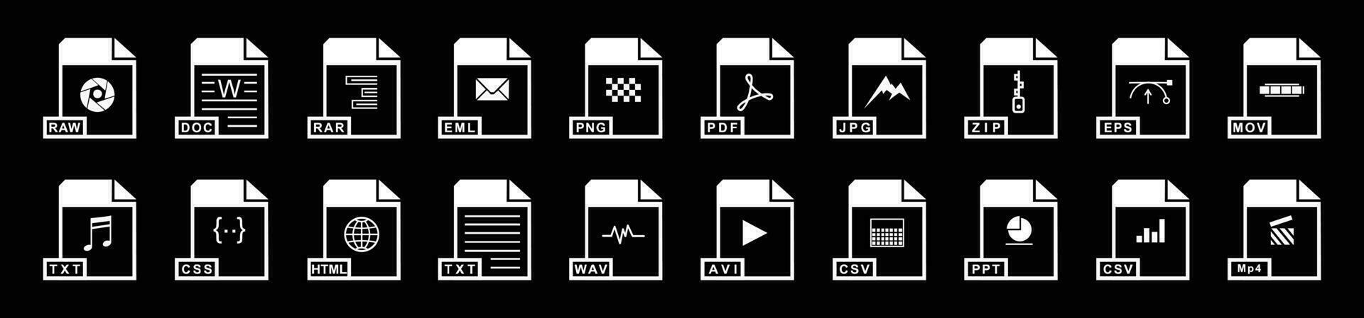 grande collezione di vettore icone, file estensioni diverso icone impostato - un' impostato di computer File e Software icone azione vettore per design su nero sfondo