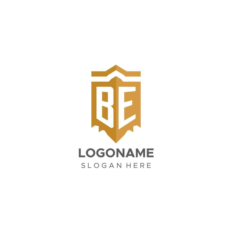 monogramma essere logo con scudo geometrico forma, elegante lusso iniziale logo design vettore