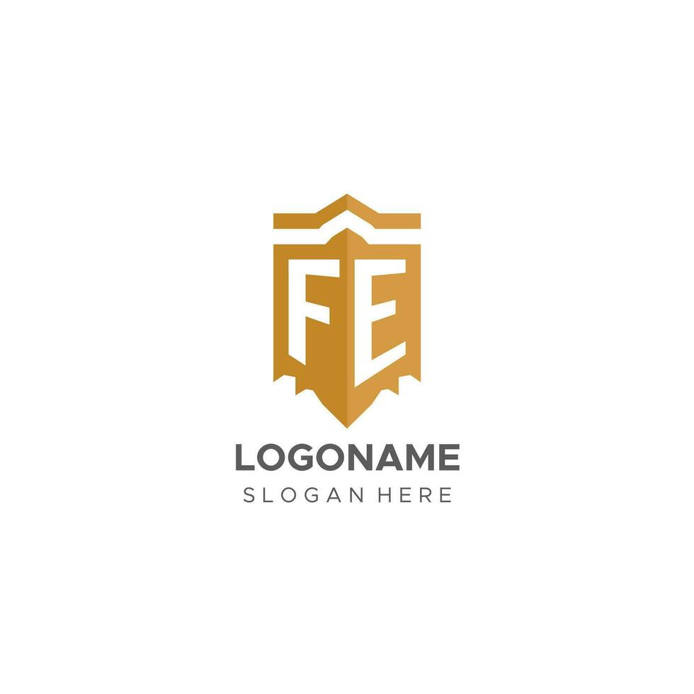 monogramma fe logo con scudo geometrico forma, elegante lusso iniziale logo design vettore