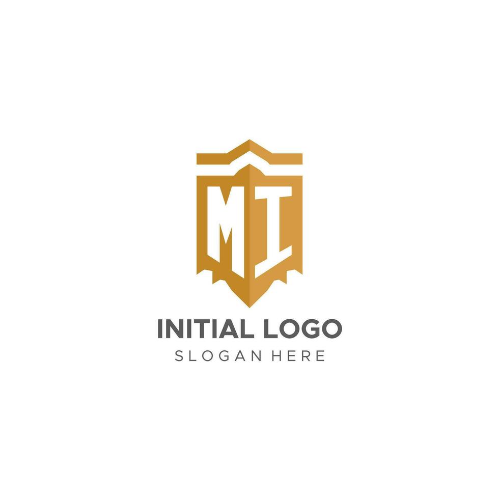 monogramma mi logo con scudo geometrico forma, elegante lusso iniziale logo design vettore