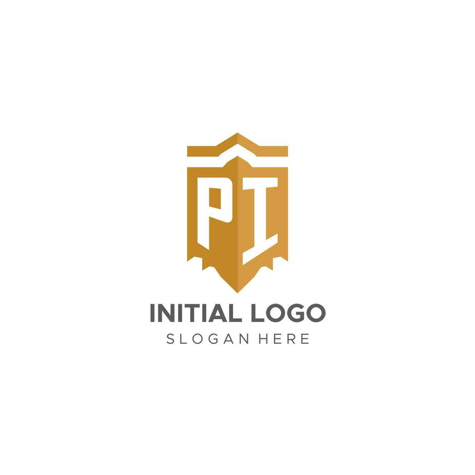 monogramma pi logo con scudo geometrico forma, elegante lusso iniziale logo design vettore