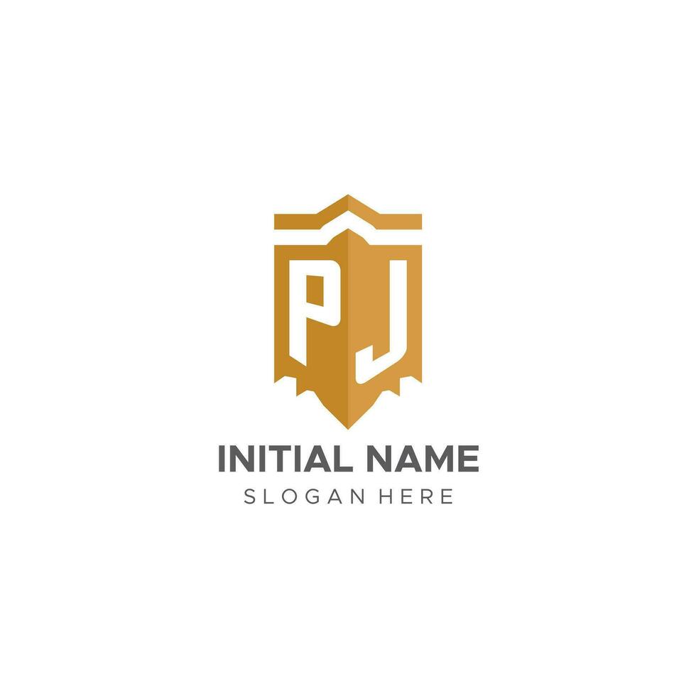 monogramma pj logo con scudo geometrico forma, elegante lusso iniziale logo design vettore