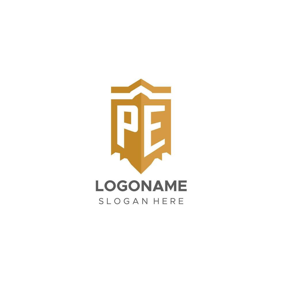 monogramma pe logo con scudo geometrico forma, elegante lusso iniziale logo design vettore