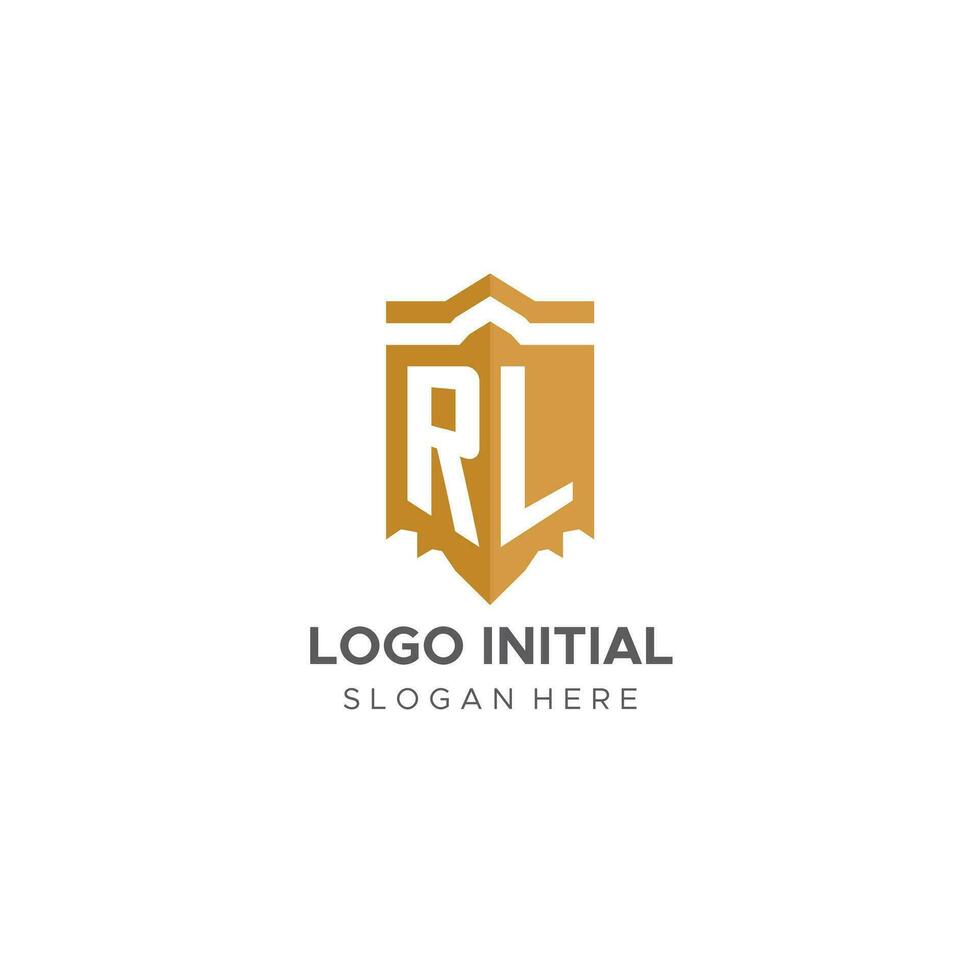 monogramma rl logo con scudo geometrico forma, elegante lusso iniziale logo design vettore