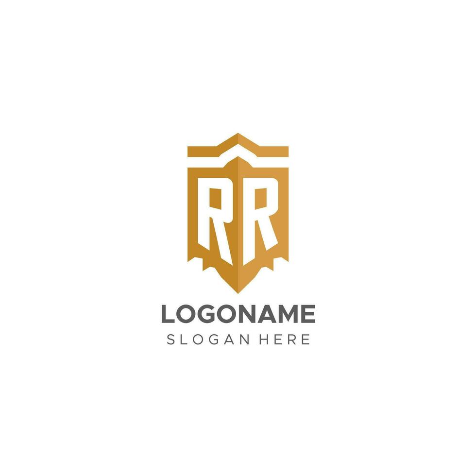 monogramma rr logo con scudo geometrico forma, elegante lusso iniziale logo design vettore