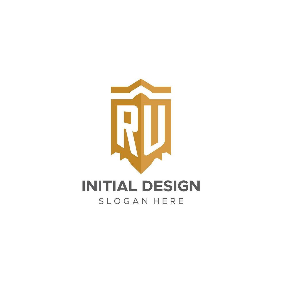 monogramma ru logo con scudo geometrico forma, elegante lusso iniziale logo design vettore