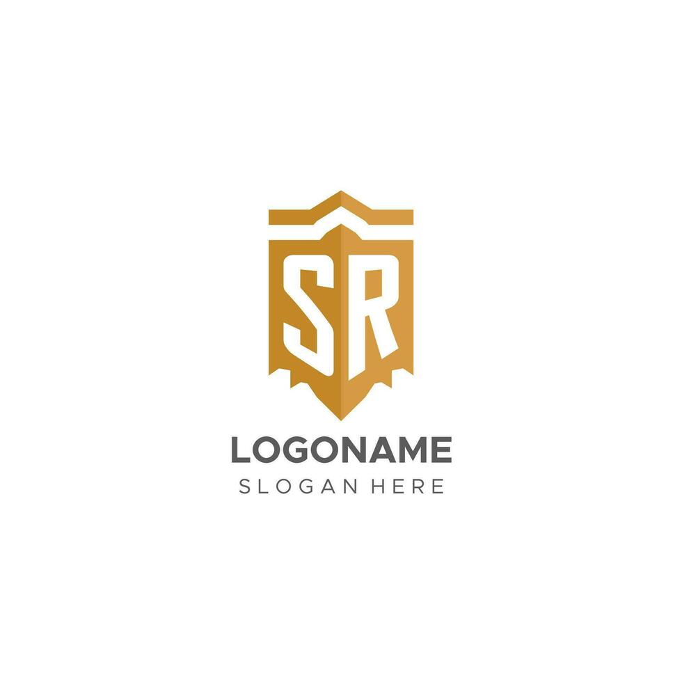 monogramma sr logo con scudo geometrico forma, elegante lusso iniziale logo design vettore