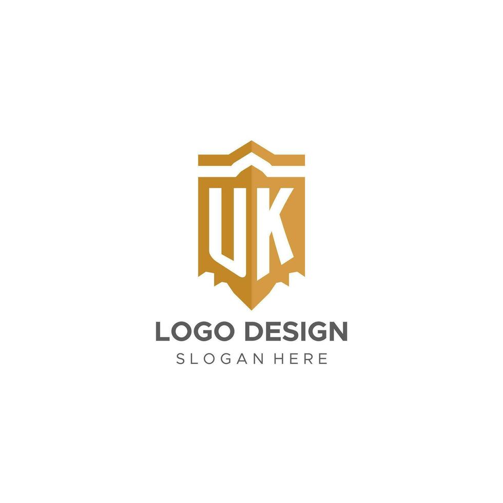 monogramma UK logo con scudo geometrico forma, elegante lusso iniziale logo design vettore