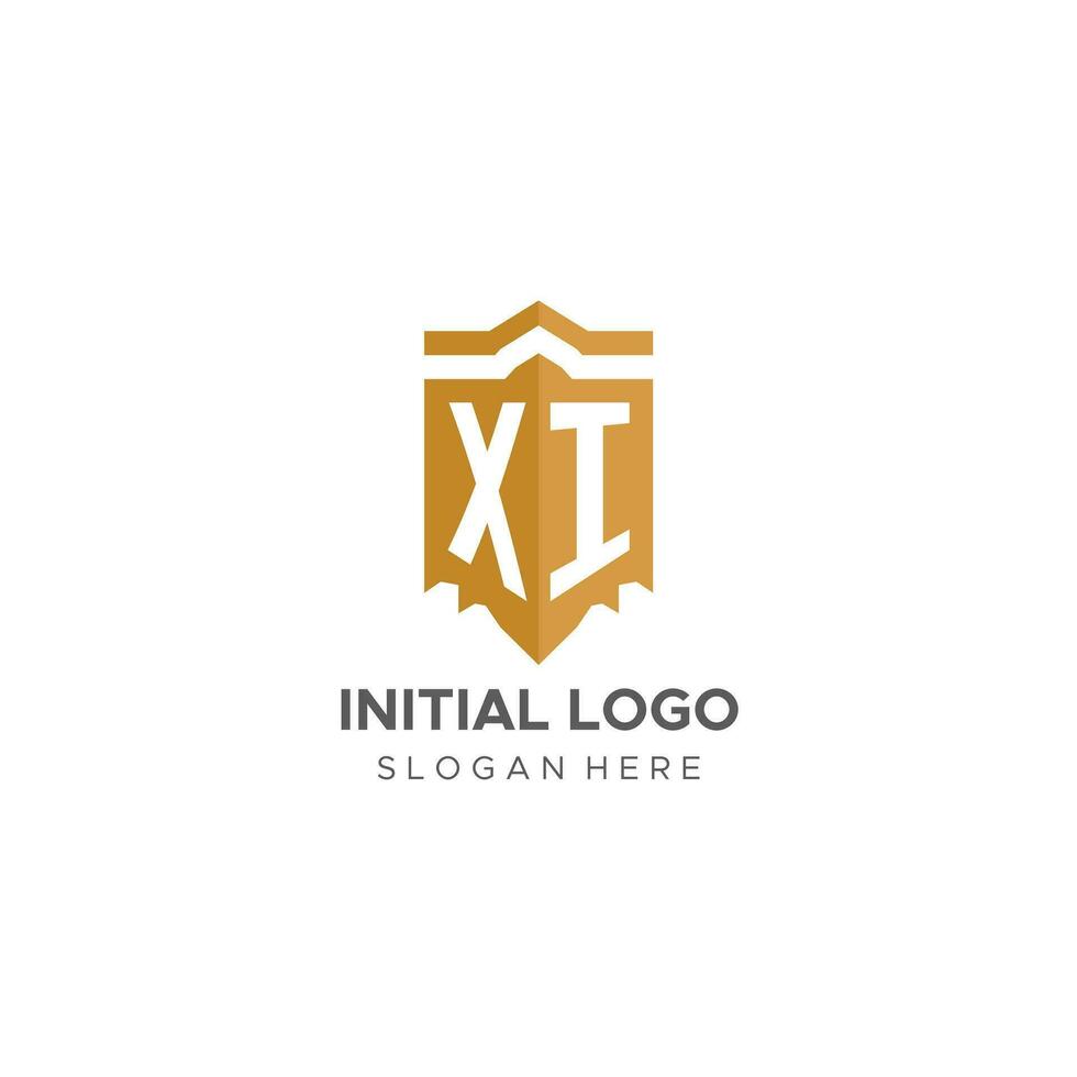 monogramma xi logo con scudo geometrico forma, elegante lusso iniziale logo design vettore