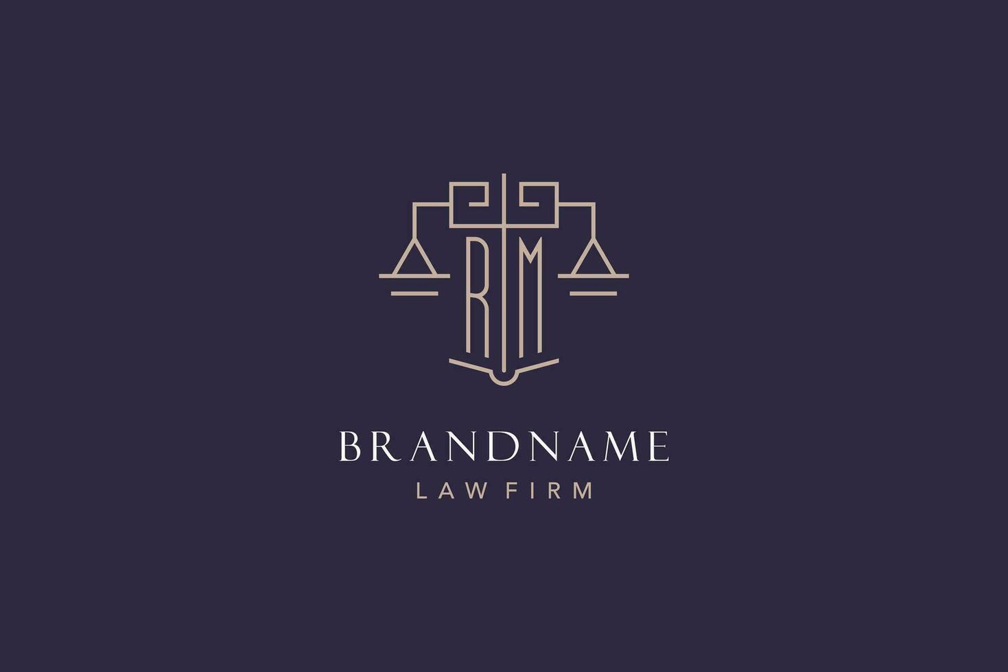 iniziale lettera rm logo con scala di giustizia logo disegno, lusso legale logo geometrico stile vettore