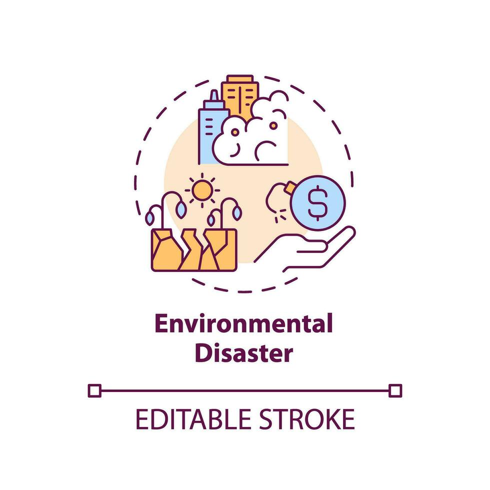 ambientale disastro concetto icona. clima modificare. negativo impatto. i soldi perdita. assicurazione costo. ambientale danno astratto idea magro linea illustrazione. isolato schema disegno. modificabile ictus vettore
