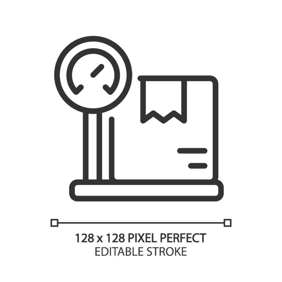 pesatura pacco per spedizione pixel Perfetto lineare icona. pacchetto peso limite. consegna servizio. magro linea illustrazione. contorno simbolo. vettore schema disegno. modificabile ictus