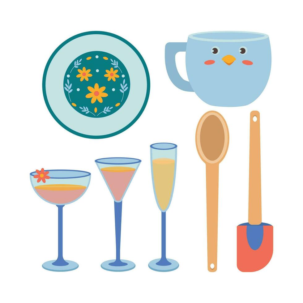 un' impostato di cucina utensili, un' cucchiaio, un' tazza, un' mestolo, un' piatto, bicchieri per vino, spatola. vettore