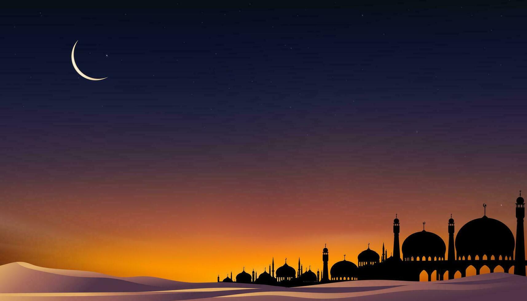 islamico carta con silhouette cupola moschee, mezzaluna Luna su cielo sfondo, vettore Ramadan notte con crepuscolo crepuscolo cielo per islamico religione, eid al-adha, eid mubarak, eid al fitr, ramadan kareem