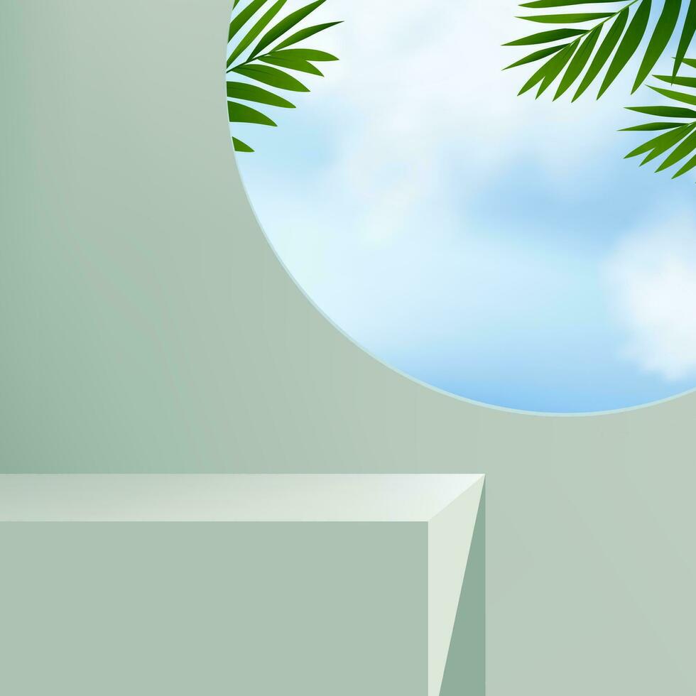 estate studio sfondo, 3d finestra Schermo In piedi podio con palma foglie, cielo e nube su verde muro, vettore minimo fondale design per molla, estate Prodotto presentazione, vendita, promozione, vacanza evento