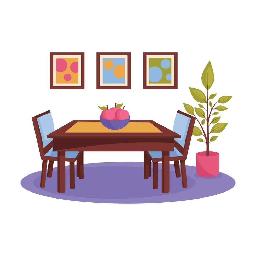 cucina interno. cenare camera. cenare tavolo, sedie, in vaso pianta, quadri. vettore grafico.