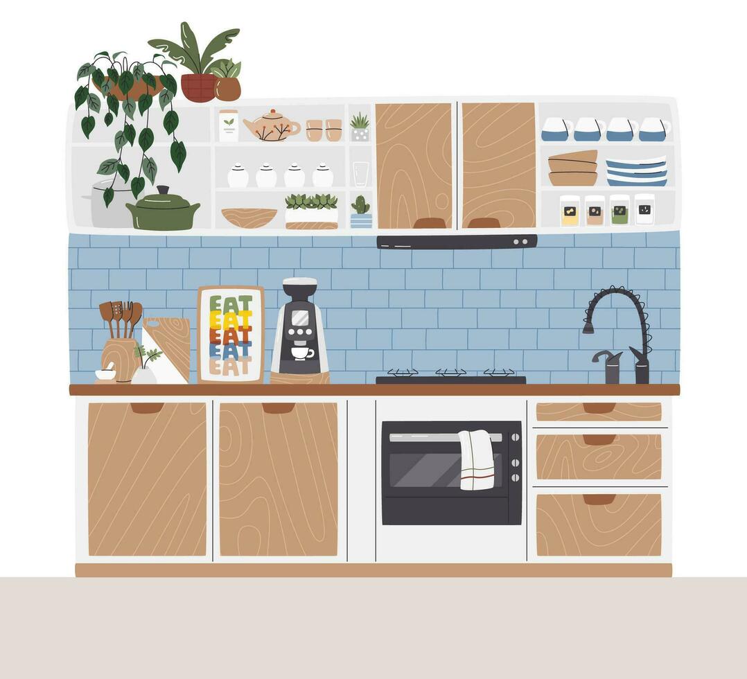 accogliente camera con piante d'appartamento e utensili. medio secolo cucina impostato design. molti Aperto scaffali con utensili da cucina e elettrodomestici. cucina interno scena con caffè macchina mano disegnato piatto vettore illustrazione