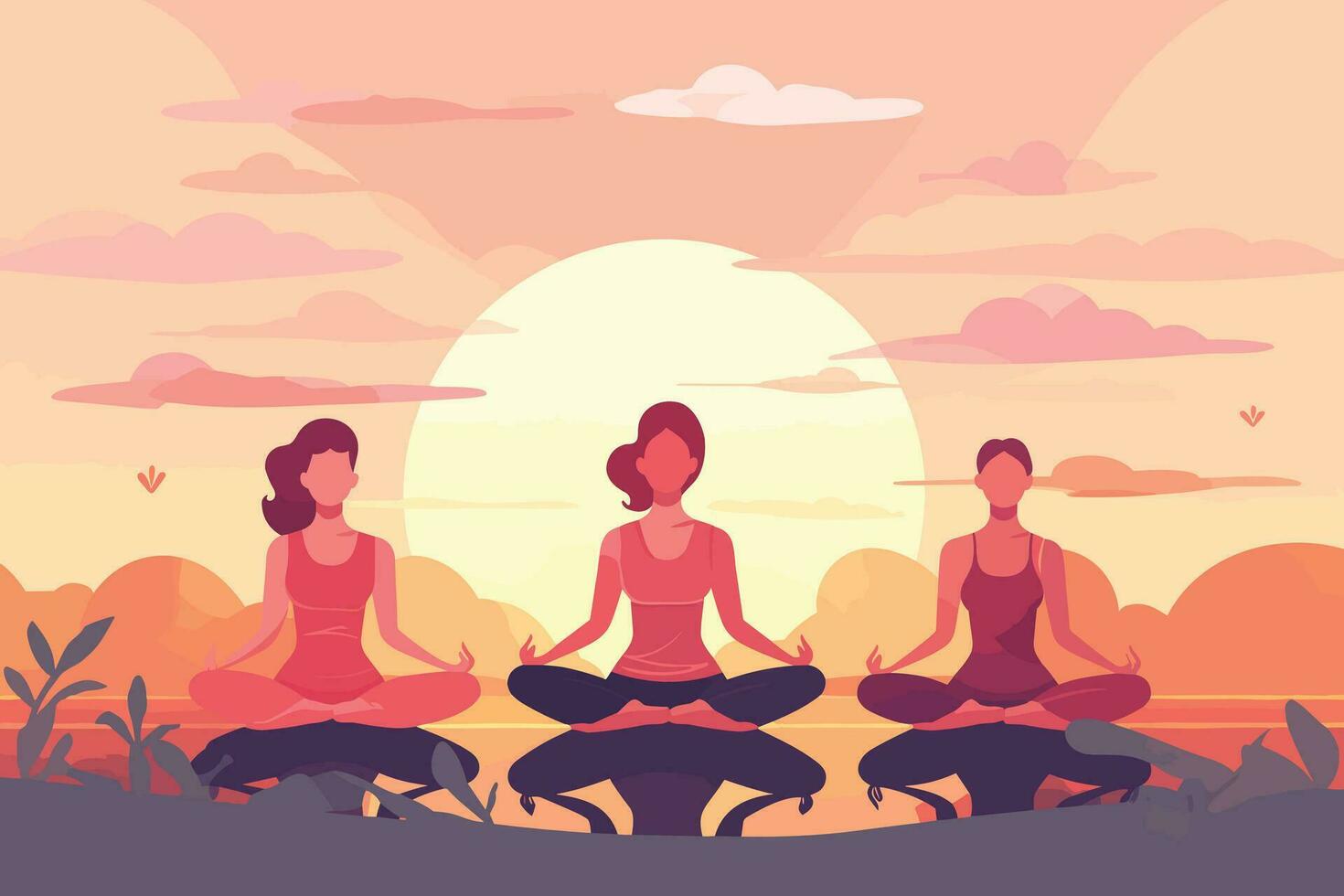 tre ragazze fare nel un' Alba illustrazione, internazionale yoga giorno, yoga giorno bandiera vettore