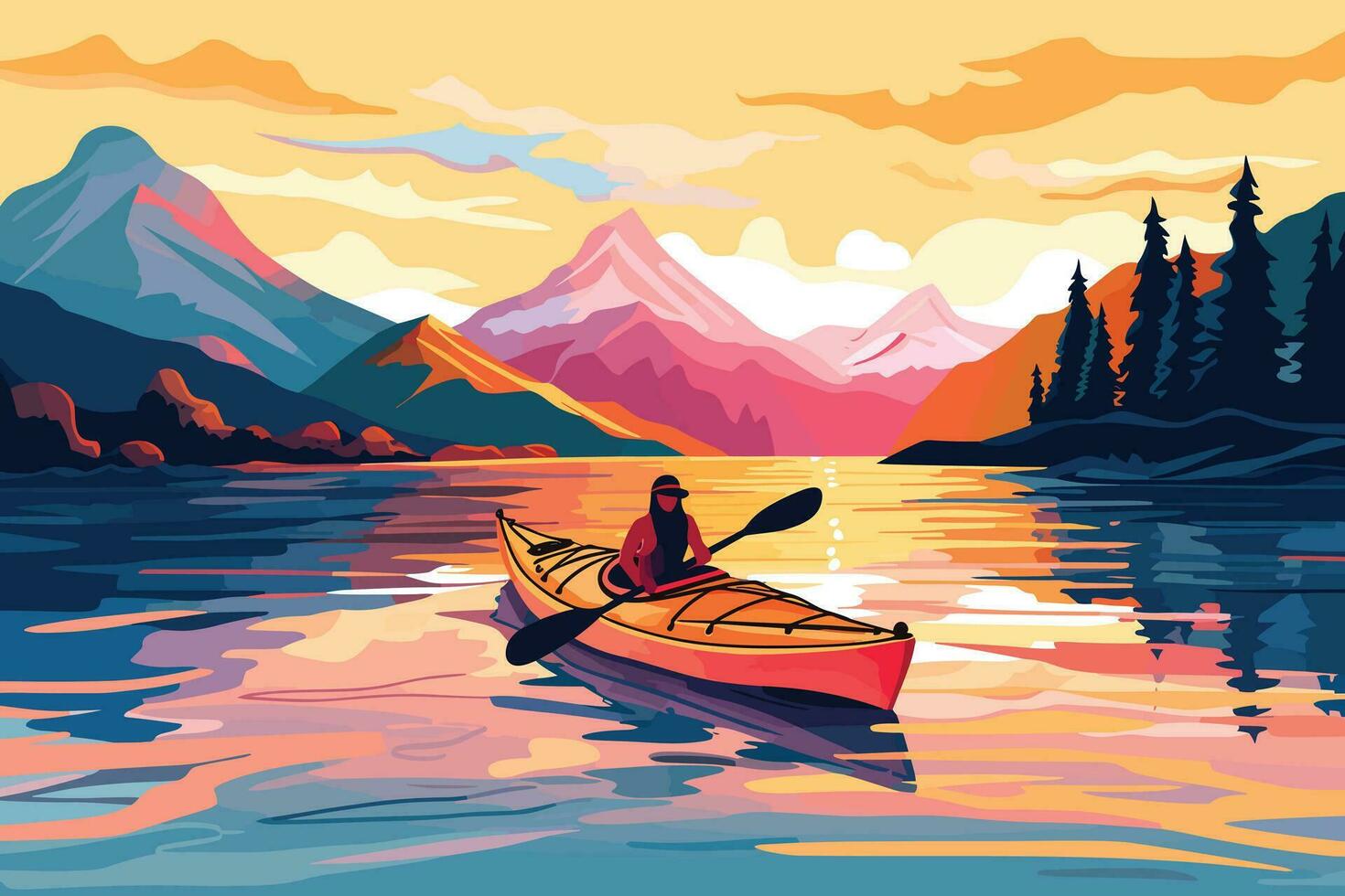 tranquillo tramonto al di sopra di montagne e lago, riflettendo bellezza di natura e trasporto, giovane donna kayak nel cristallo lago illustrazione per stampa, sfondo design e parete ar vettore