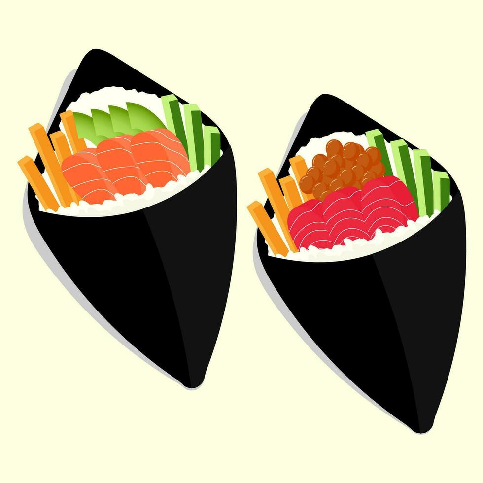piatto design illustrazione di temaki Sushi con fresco pesce filetto e un altro condimenti. Perfetto uso per ristorante menù vettore