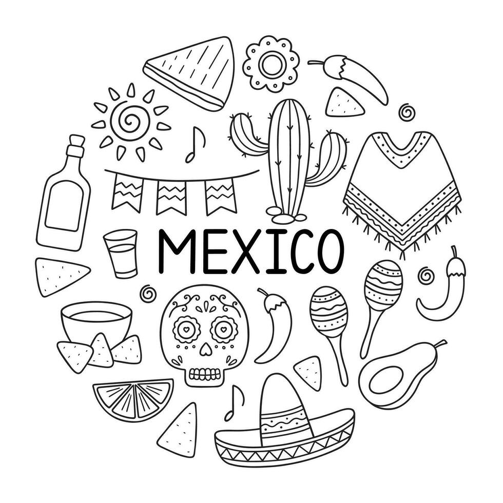 Messico scarabocchio impostare. elementi di messicano cultura. maracas, poncho, cactus, taco, burrito nel schizzo stile. mano disegnato vettore illustrazione isolato su bianca sfondo