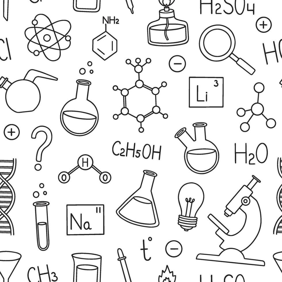 senza soluzione di continuità modello di chimica scarabocchio. chimico laboratorio attrezzatura nel schizzo stile. boccette, formule, microscopio, bruciatore mano disegnato vettore illustrazione