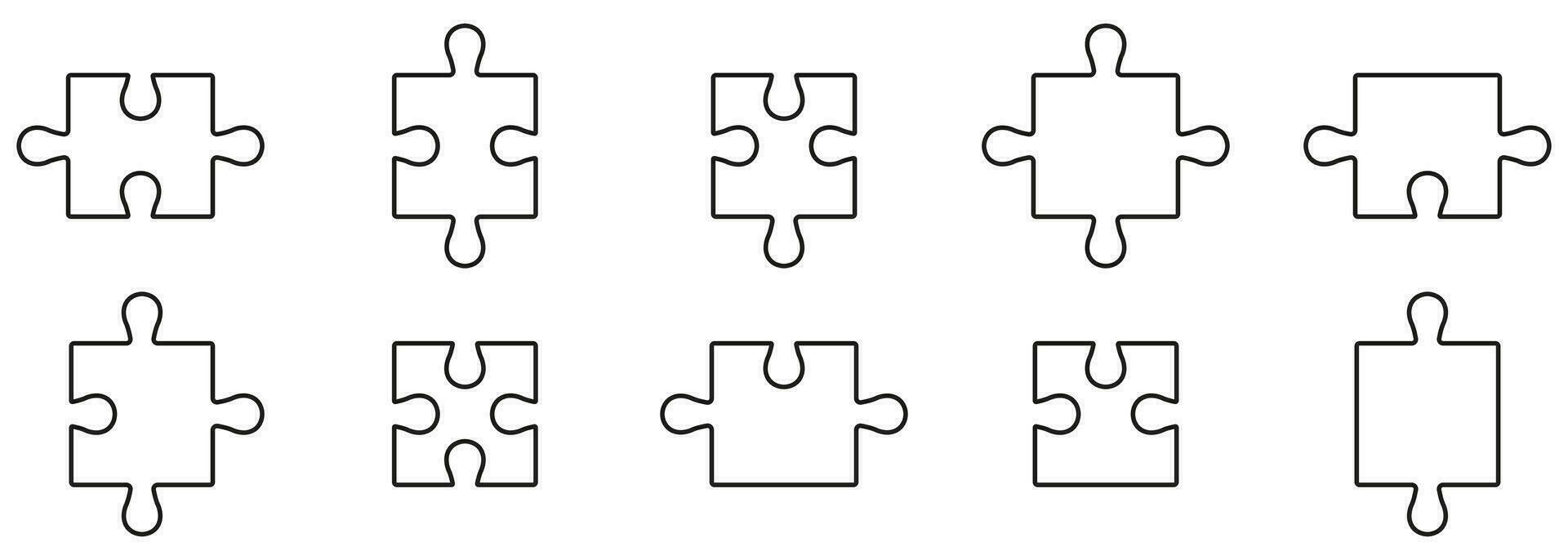 sega parti corrispondenza, puzzle pezzi in forma linea icona impostare. attività commerciale strategia, lavoro di squadra, di brainstorming schema cartello. completare gioco soluzione lineare pittogramma. modificabile ictus. isolato vettore illustrazione.