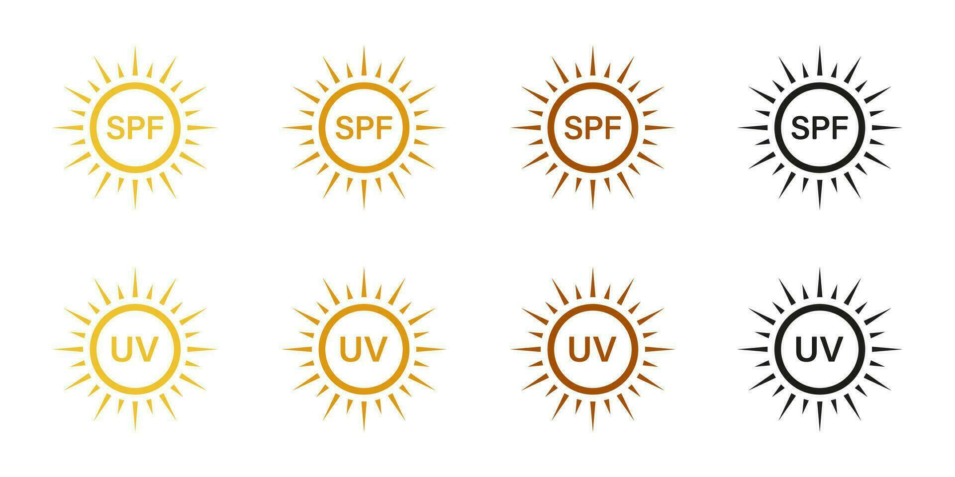 spf proteggere, ultravioletto raggi icona impostare. pelle protezione a partire dal sole pittogramma, crema solare etichetta, protezione solare crema. estate luce del sole simbolo collezione. bloccare solare radiazione. isolato vettore illustrazione.