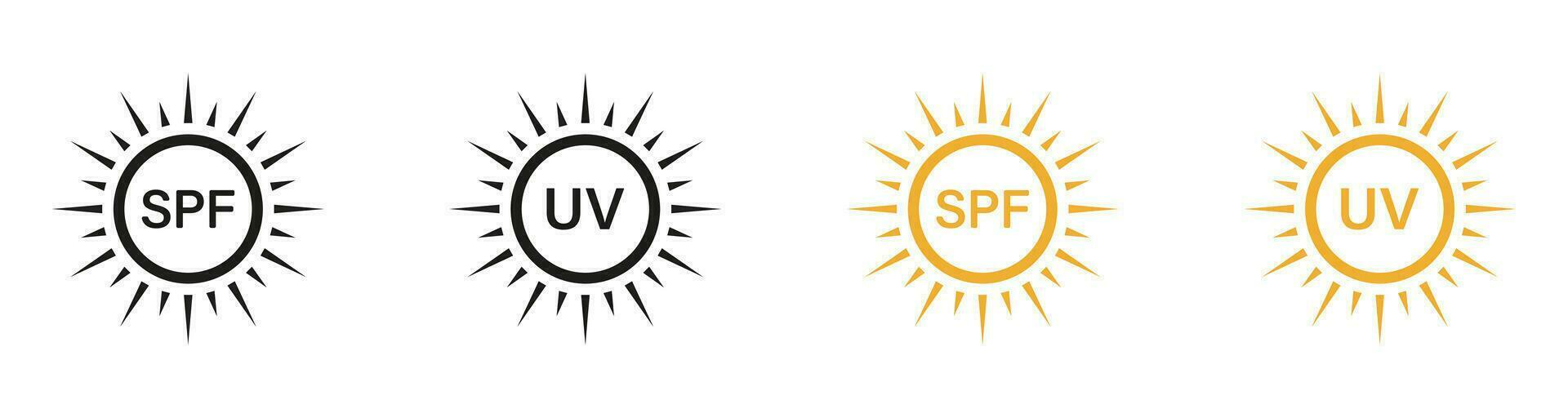 pelle protezione a partire dal sole pittogramma, crema solare etichetta, protezione solare crema. estate luce del sole simbolo collezione. bloccare solare radiazione. spf proteggere, ultravioletto raggi icona impostare. isolato vettore illustrazione.