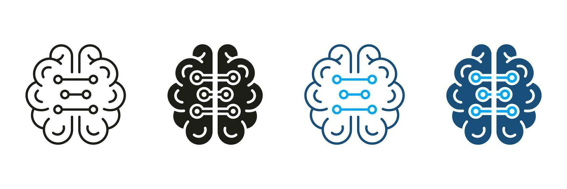 Tech scienza nero e colore pittogramma. umano cervello e digitale tecnologia simbolo collezione. neurologia e artificiale intelligenza silhouette e linea icone impostare. isolato vettore illustrazione.