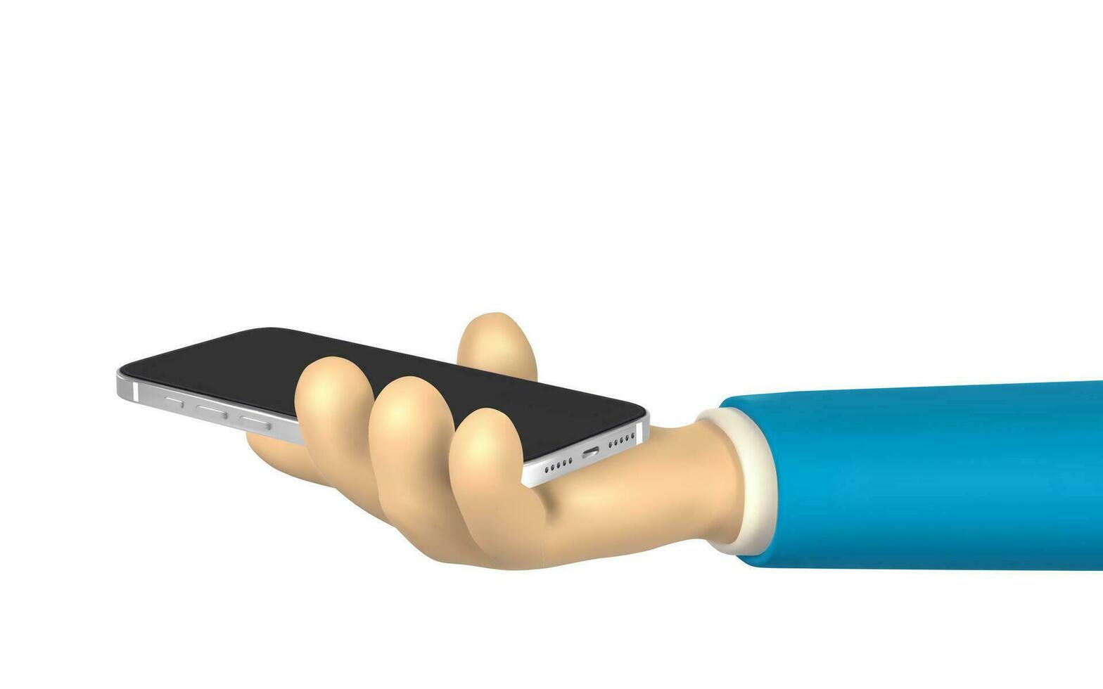 cartone animato personaggio mani con inteligente Telefono, scorrimento o ricerca per qualche cosa. 3d rendere mano uomo d'affari nel completo da uomo. vettore illustrazione