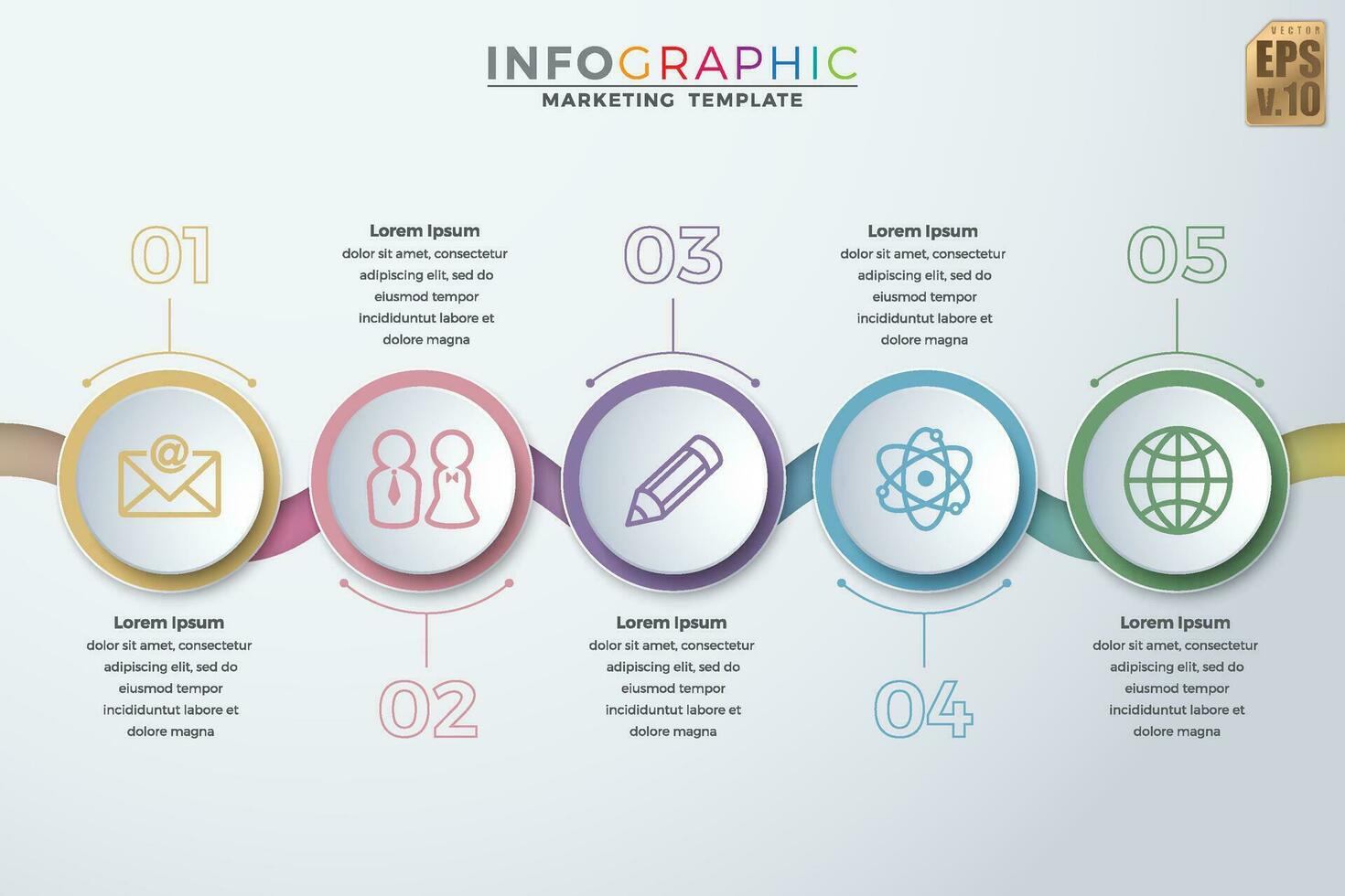 Infografica colorato attività commerciale modello vettore design cerchio icone 5 opzioni o passaggi nel minimo stile. voi può Usato per marketing processi, flusso di lavoro presentazioni disposizione, flusso grafico, Stampa anno Domini.