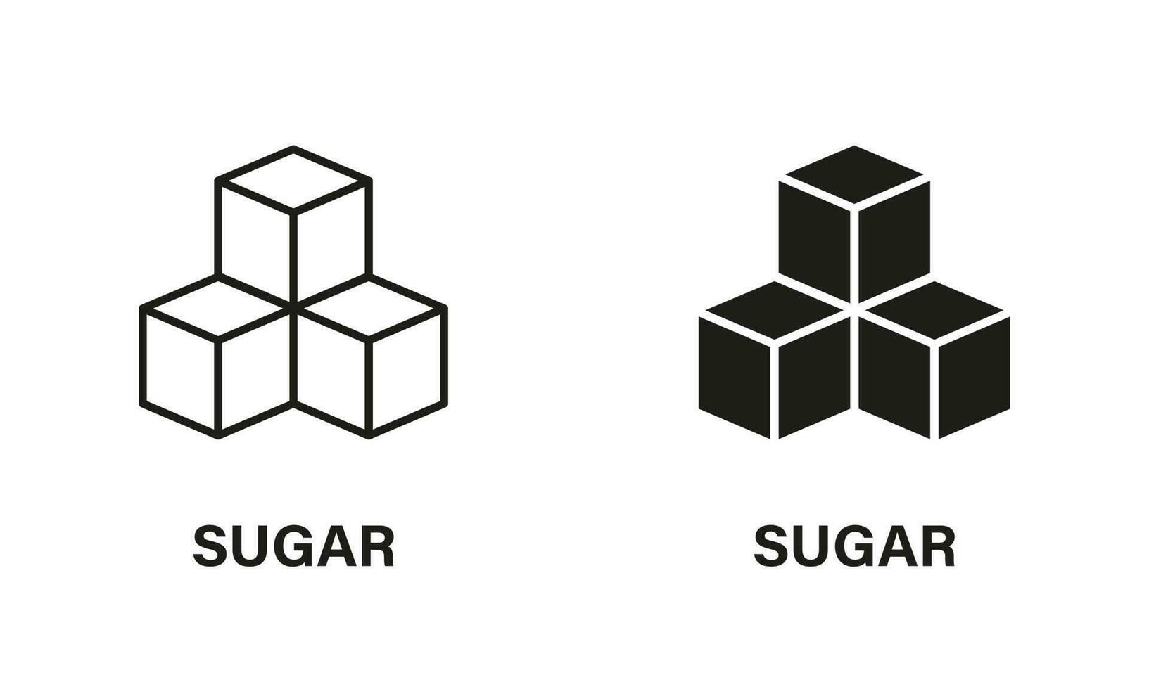 zucchero cubi linea e silhouette icona impostare. Basso glucosio nero pittogramma. salutare dolce vegano Prodotto simbolo collezione su bianca sfondo. isolato vettore illustrazione.