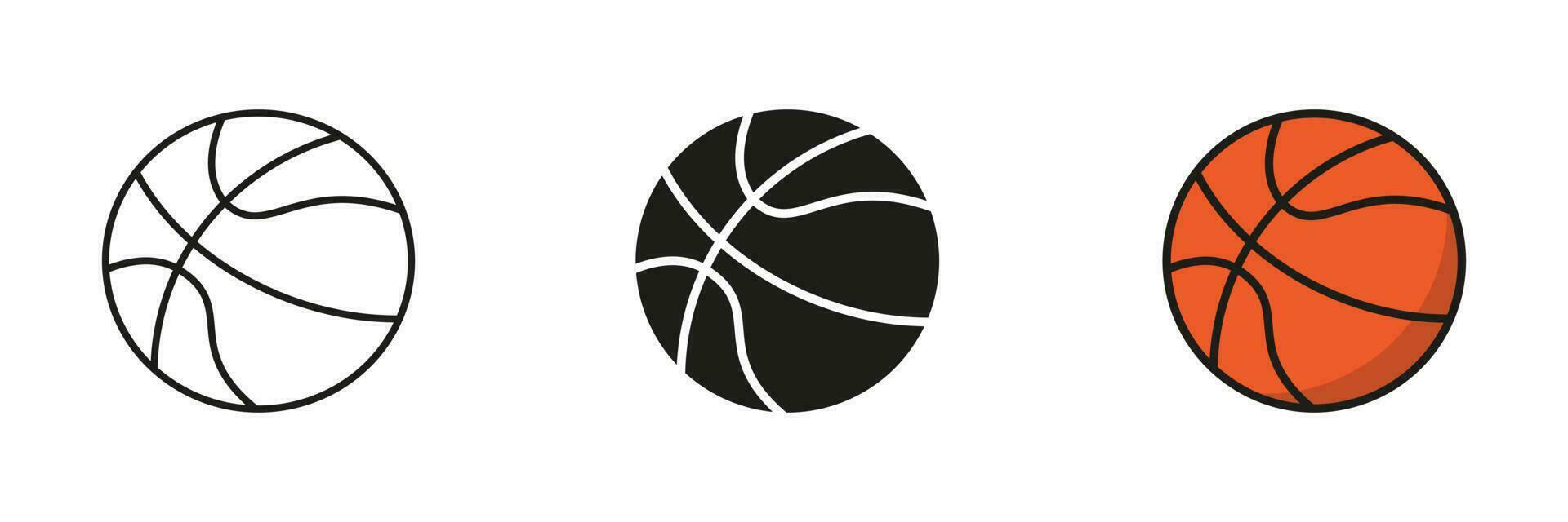 pallacanestro palla silhouette e linea icona impostare. palla per giocare gli sport gioco solido e schema nero e colore simbolo collezione su bianca sfondo. isolato vettore illustrazione.