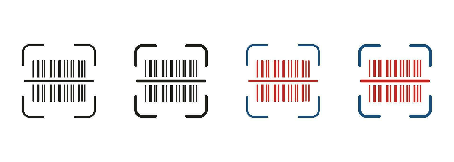 scansione bar codice linea e silhouette icona impostare. Prodotto informazione identificazione. codice a barre etichetta scanner pittogramma. digitale lettura tecnologia simbolo collezione. isolato vettore illustrazione.