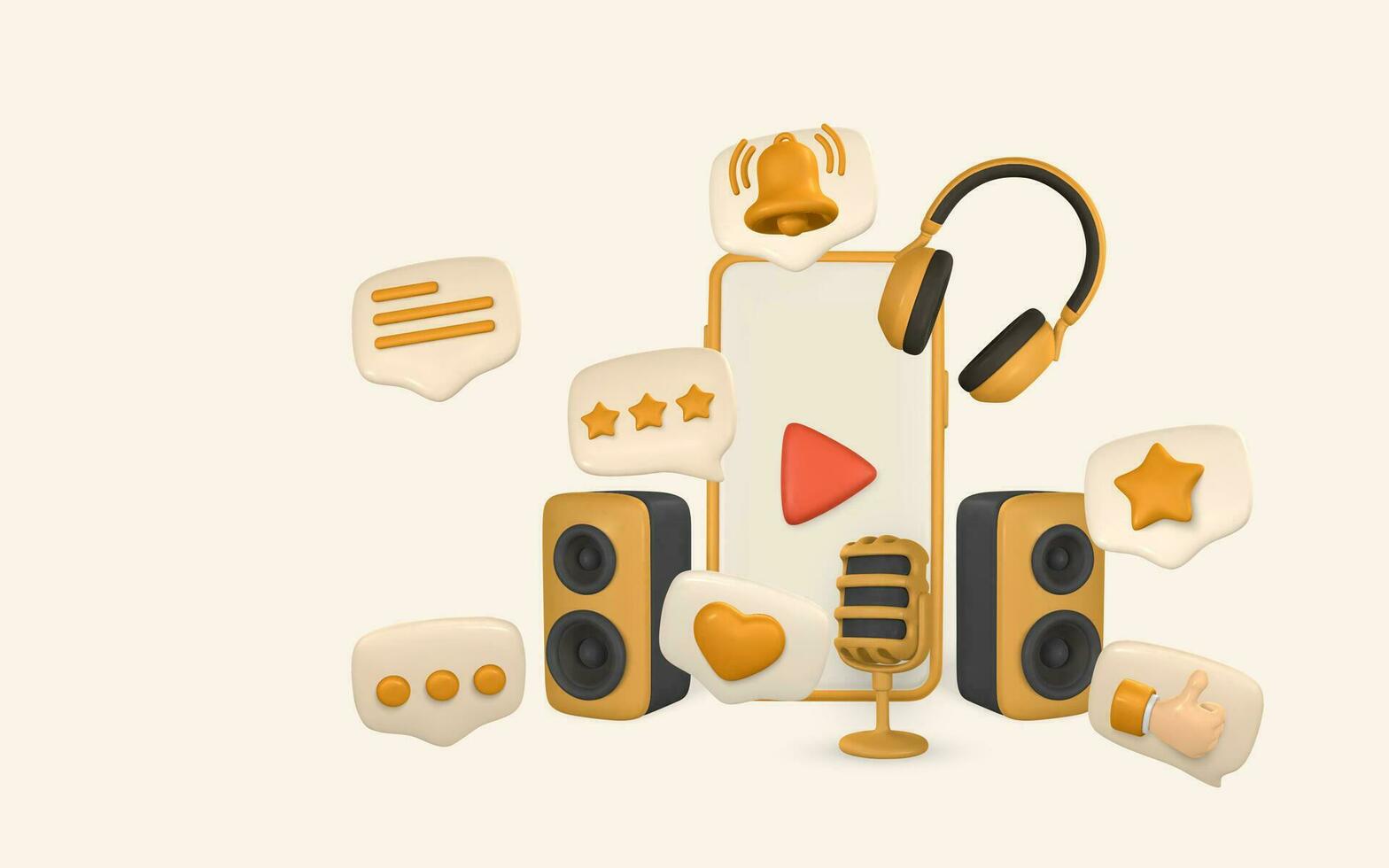 inteligente Telefono, microfono, musica Appunti, cuffie e Audio altoparlante, discorso bolla con sociale icone nel cartone animato stile. vettore illustrazione