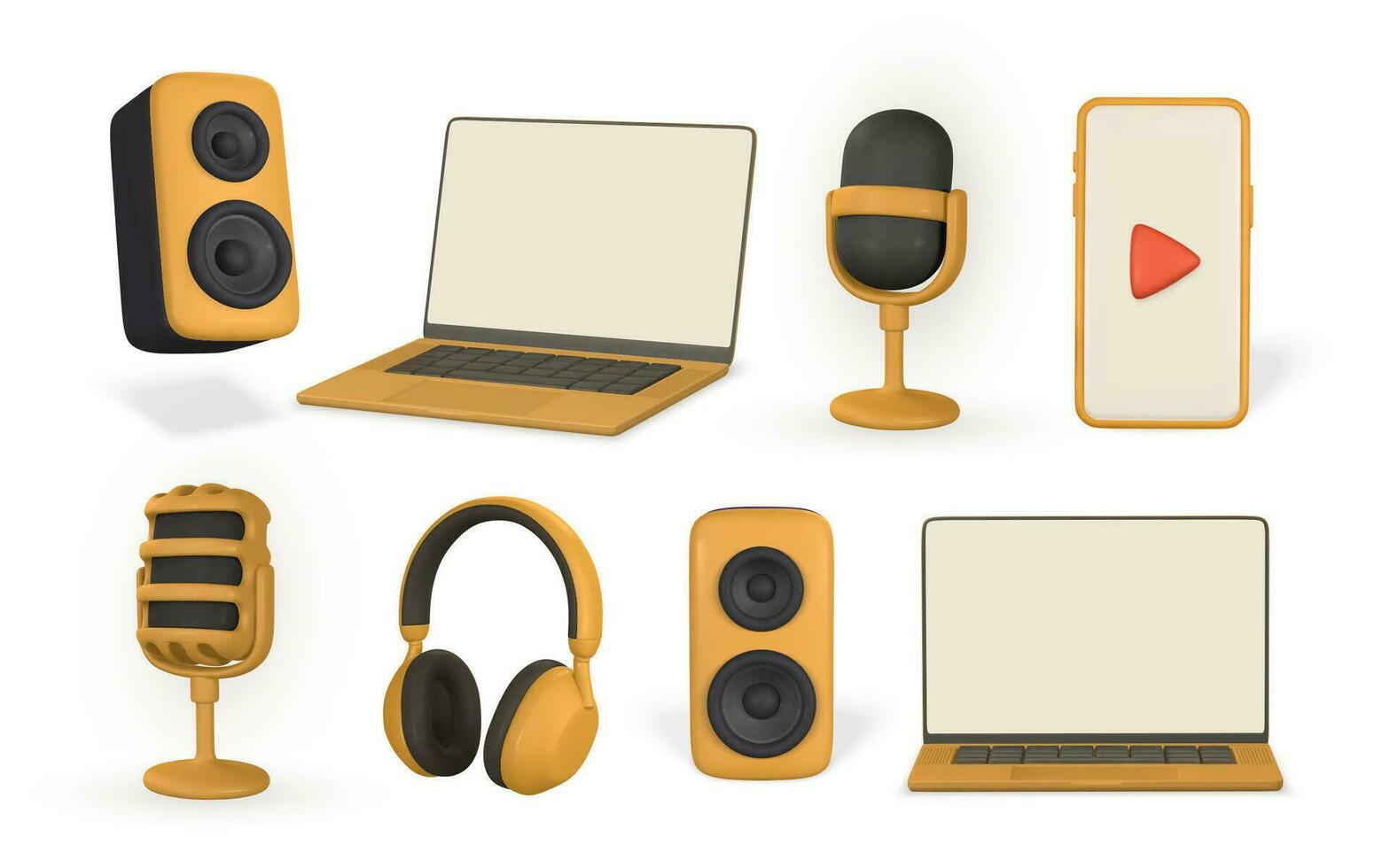 3d realistico microfono, smartphone, computer portatile, cuffie e Audio altoparlante nel plastica cartone animato stile. vettore illustrazione