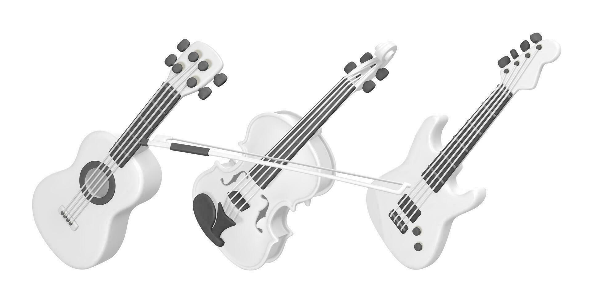 3d realistico violino, elettrico e acustico chitarra per musica concetto design nel plastica cartone animato stile. vettore illustrazione