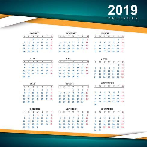 Bello modello di calendario colorato 2019 vettore