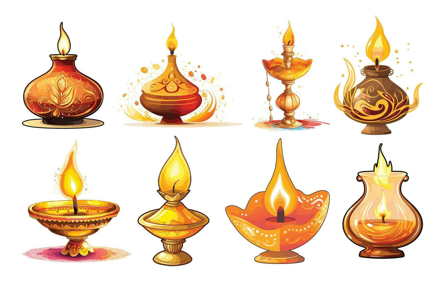 impostato di contento Diwali olio lampada vettore