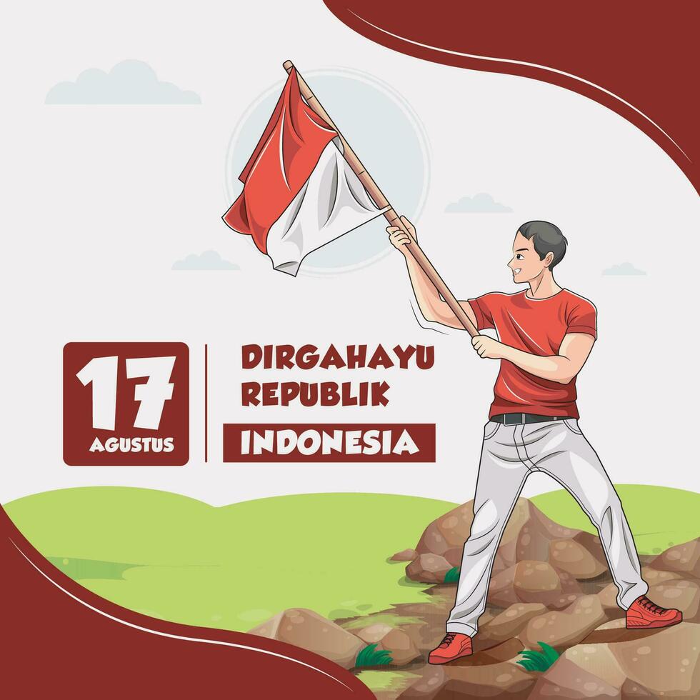 17 augusto. indonesiano indipendenza saluto carta con uomo Tenere indonesiano bandiera vettore illustrazione gratuito Scarica