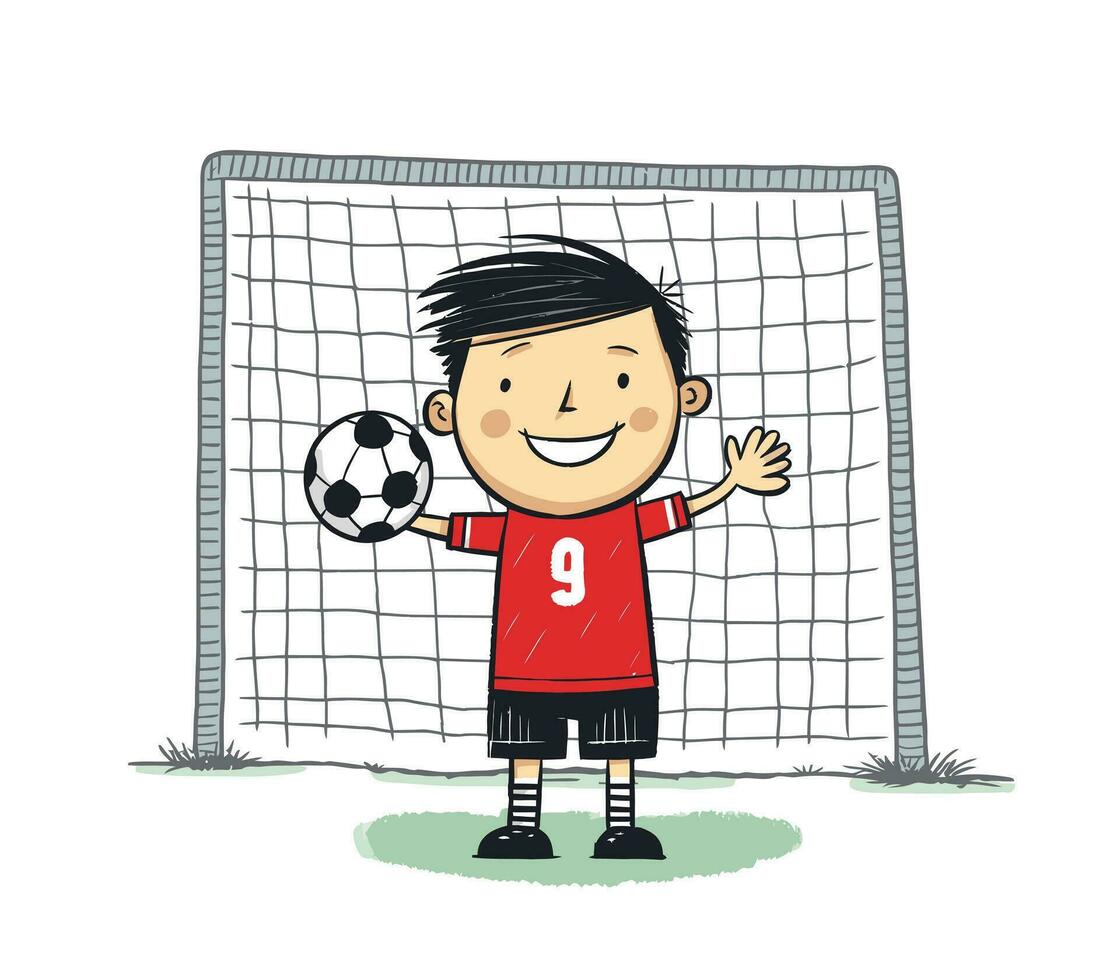calcio portiere conservazione obbiettivo vettore illustrazione, cartone animato bambini disegnato a mano stile. bambini giocando calcio