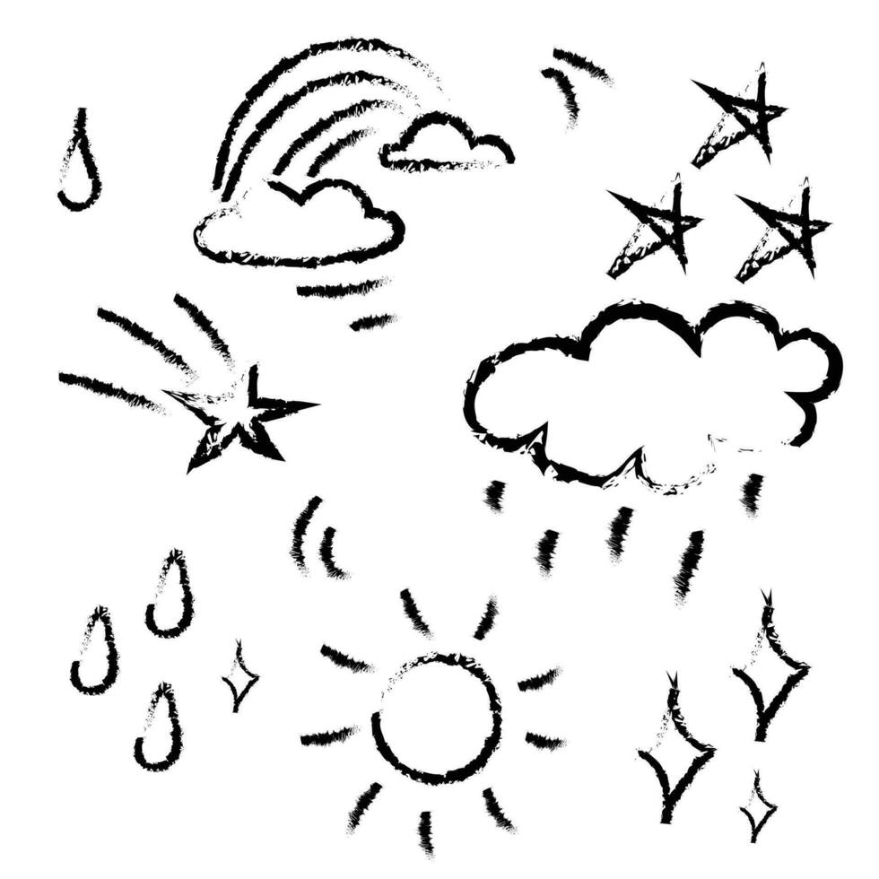 un' impostato di diverso tempo metereologico elementi sole, piovere, nube, arcobaleno, stelle. matita disegni su un' bianca sfondo. tempo metereologico disegni, figli di disegno. collezione di figli di illustrazioni vettore