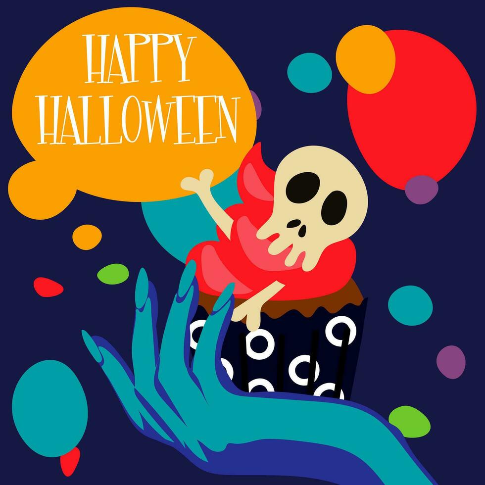 illustrazione di un' di strega mano, un' Cupcake con un' cranio e ossatura su un astratto luminosa sfondo con il iscrizione contento Halloween per un' festa invito carta, manifesto. giorno di il morto bandiera Stampa vettore