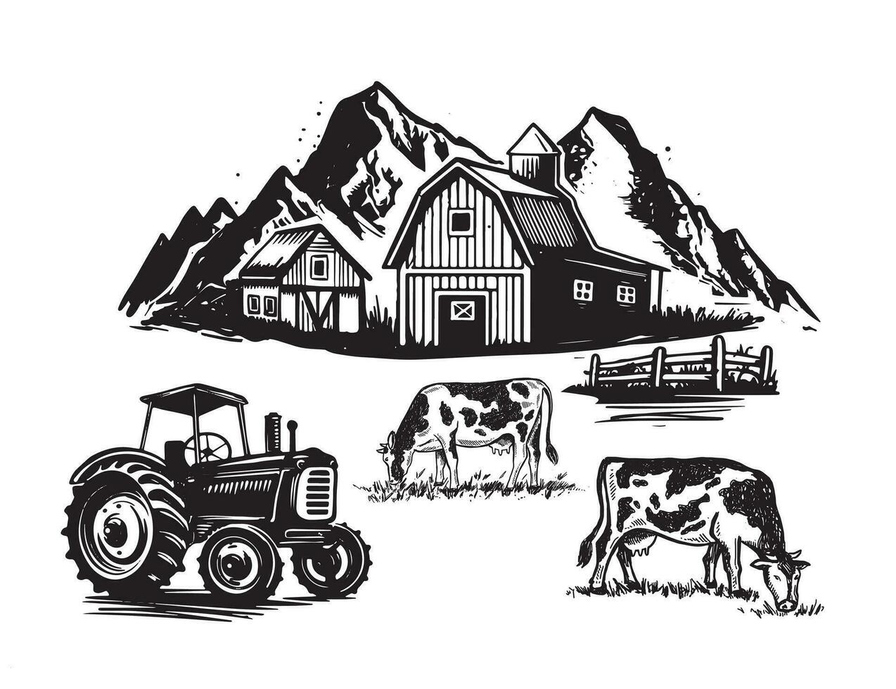 azienda agricola, trattore, schizzo Vintage ▾, mano disegnato, vettore